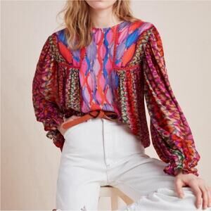 Anthropologie Bl^nk London Miranda Peasant Blouse Red Leopard Print Size MP NWT